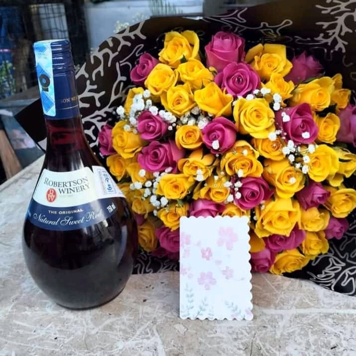 wine ,flowers and card gifts